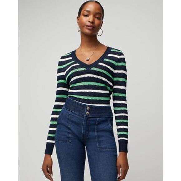 Women’s Striped Knit Sweater V-Neck Long Sleeve Navy Green White – Size Medium - Picture 1 of 7